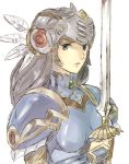  advent-lezard armor blue_eyes breastplate feathers full_armor helmet lenneth_valkyrie long_hair pauldrons silver_hair solo sword valkyrie_profile weapon 