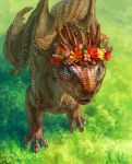  ?? akahana aqua_eyes bronze_dragon claws closed_wings creature day dragon feral flower flowers garland grass head_wreath horns looking_at_viewer looking_up meadow no_humans original outside scales scalie solo tail wings wreath 