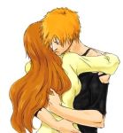  bleach couple hug inoue_orihime kurosaki_ichigo long_hair orange_hair spiky_hair 