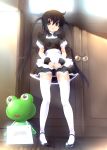  1girl alternate_costume apron black_hair bloom brown_eyes dress enmaided frog k-on! long_hair looking_at_viewer maid nakano_azusa smile solo sora_to_umi thighhighs twintails very_long_hair zettai_ryouiki 