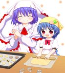  :d ^_^ alternate_costume alternate_headwear apron baking baking_sheet bebelona blue_hair blush bow child closed_eyes cookie cookie_cutter cookie_cutters cooking counter dough food fruit hair_ornament hairclip head_scarf hinanawi_tenshi kerchief long_sleeves multiple_girls nagae_iku open_mouth peach red_eyes rolling_pin shawl shirt short_hair short_sleeves smile touhou young 