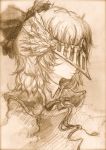  bad_id bow bust cirno expressionless graphite_(medium) hair_bow koneneko monochrome pauldrons portrait sepia short_hair shoulder_pads sketch solo touhou traditional_media visor_(armor) 