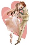  1girl brown_eyes brown_hair couple dancing dress facial_hair heart high_heels husband_and_wife kaburagi_t_kotetsu kaburagi_tomoe kiss long_hair necktie necktie_pull shoes stubble tiger_&amp;_bunny usagic veil 