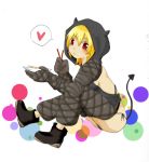  blonde_hair boots chaps chopsticks dorohedoro food gloves heart hood horns jiaozi long_hair nikaido panties red_eyes side-tie_panties solo spoken_heart underwear yutoma 