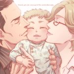  2boys baby barnaby_brooks_jr barnaby_brooks_sr blonde_hair brown_hair cheek_kiss emily_brooks family glasses kiss lunarclinic multiple_boys short_hair tiger_&amp;_bunny young 