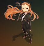  arms_at_sides bad_id brown_eyes brown_hair formal gradient gradient_background hairband idolmaster long_hair minase_iori necktie outline smile solo standing suit tu_(mamalag) wind 