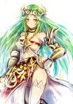  armor bare_shoulders breasts circlet gloves green_eyes green_hair jewelry kara_(color) kid_icarus long_hair looking_at_viewer necklace nintendo palutena sketch smile solo thigh-highs thighhighs vambraces white_background white_gloves white_legwear zettai_ryouiki 