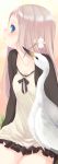  bird blue_eyes breasts character_request cleavage collarbone dress flower highres itou_nanami jacket lips long_hair mouth_hold open_mouth original polka_dot polka_dot_dress silver_hair solo 