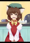  animal_ears blush cat_ears chen closed_eyes commentary_request earrings egg eyes_closed fish hat jewelry letterboxed mizuga open_mouth smile solo touhou v_arms 