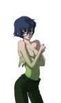 1girl blue_eyes blue_hair breast_press breasts cleavage crossed_arms glasses hair_between_eyes hips nika_(nikasa_an) open_mouth pants persona persona_4 shirogane_naoto short_hair solo standing 