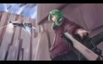  arceonn city cyberpunk foreshortening green_hair gumi gun highres left-handed letterboxed long_hair pantyhose pistol red_eyes science_fiction solo space_craft sweater vocaloid weapon 