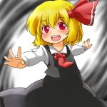  aa_nin blonde_hair dress_shirt fingernails foreshortening gradient gradient_background hair_ribbon long_sleeves necktie no_nose open_hand open_mouth outstretched_arms red_eyes ribbon rumia shirt short_hair simple_background skirt solo teeth tongue touhou vest youkai 