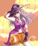  bad_id bare_shoulders breasts cleavage costume gloves halloween hand_on_hat hat highres ice2002 idolmaster jack-o&#039;-lantern jack-o'-lantern long_hair navel pumpkin red_eyes shijou_takane silver_hair solo witch_hat 