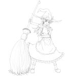  apron bow braid broom buttons fang hair_bow hair_ribbon hand_on_hip hat highres hips kirisame_marisa kujira-kousen lineart long_hair mary_janes monochrome ribbon shoes smile socks solo touhou witch witch_hat 
