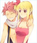 1girl bad_id blonde_hair bow brown_eyes closed_eyes couple dress earrings fairy_tail grin hair_bow jewelry lucy_heartfilia natsu_dragneel orange_hair pmn_(tdrp) scarf simple_background sleeveless sleeveless_dress smile 