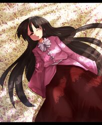 black_hair houraisan_kaguya letterboxed long_hair long_skirt lying mizuga on_back skirt solo touhou very_long_hair