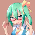  ascot bespectacled blush bust daiyousei glasses green_eyes green_hair hair_ribbon kuromu_(underporno) ok_sign open_mouth ribbon short_hair side_ponytail solo touhou 