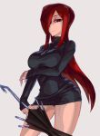  bare_legs black_panties breast_hold breasts cross cross_necklace frown hair_over_one_eye impossible_clothes impossible_shirt inverted_cross kuroino_(artist) large_breasts long_hair minidress miniskirt necklace panties pantyshot parasoul_(skullgirls) red_eyes red_hair redhead skirt skullgirls solo turtleneck umbrella underwear weapon 