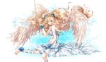  1girl bad_feet bare_shoulders barefoot blonde_hair blue_eyes character_name dress fkfkfkfkrhdm flower highres long_hair microphone seeu sitting solo very_long_hair vintage_microphone vocaloid white_dress wings 