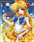  aino_minako bishoujo_senshi_sailor_moon blonde_hair blue_background blue_eyes bow choker dress elbow_gloves gloves hair_bow half_updo long_hair lowres magical_girl orange_dress pleated_skirt sailor_collar sailor_venus shirataki_kaiseki skirt smile solo white_gloves 