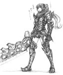  armor bow faulds gauntlets greaves hair_bow hakurei_reimu imizu_(nitro_unknown) monochrome monster_hunter pauldrons sketch smile solo sword thighs touhou translated weapon 