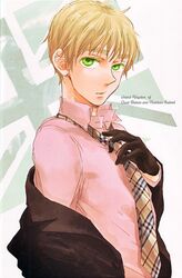  axis_powers_hetalia blonde_hair character_name dress_shirt eyebrows face flag formal gloves green_eyes highres kisaragi_manami male necktie off_shoulder plaid shirt solo suit united_kingdom_(hetalia) untying 