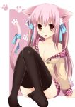  animal_ears black_legwear blush breasts brown_eyes cat_ears cat_tail hair_ribbon looking_at_viewer off_shoulder open_mouth original pink_hair ribbon shia_(syroh) shia_flatpaddy sitting tail tail_ribbon thigh-highs thighhighs 