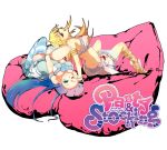  arched_back back chantilly heart long_hair lying multiple_girls panty_&amp;_stocking_with_garterbelt panty_(psg) single_thighhigh stocking_(psg) striped striped_legwear thigh-highs thighhighs title_drop white_background wink 