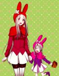  age_difference animal_ears animal_hat basket boots bunny_ears cosplay fake_animal_ears fate/zero fate_(series) hat hiroshi_(kitaro) illyasviel_von_einzbern irisviel_von_einzbern long_hair mother_and_daughter multiple_girls my_melody my_melody_(cosplay) onegai_my_melody pantyhose rabbit_ears red_eyes thigh-highs thigh_boots thighhighs white_hair 