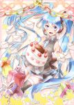  bad_id blue_eyes blue_hair cake detached_sleeves envelope food fruit gift hatsune_miku headset highres long_hair looking_at_viewer necktie open_mouth paper_chain sakuragi_ren skirt solo star strawberry thigh-highs thighhighs twintails very_long_hair vocaloid 