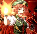  braid breasts clenched_hand clenched_hands dress eo_(artist) gloves glowing hair_ribbon hat highres hong_meiling long_hair red_eyes red_hair redhead ribbon solo star touhou twin_braids vest 