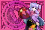  bell chinese_clothes colored_eyelashes double_bun floral_print long_hair nagagutsu pink_background purple_hair ranma_1/2 shampoo_(ranma_1/2) smile solo source_request weapon 