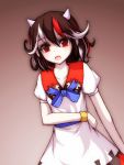  1girl arm_around_waist bow bracelet collarbone dress eyelashes gradient gradient_background horns jewelry kijin_seija leaning looking_at_viewer multicolored_hair open_mouth pale_skin red_eyes sash short_sleeves simple_background solo touhou u-cha-py 