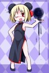  blonde_hair china_dress chinese_clothes darkness double_bun fang flats hand_on_hip kugelschreiber red_eyes rumia short_hair solo touhou wink youkai 