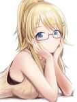  1girl bangs blonde_hair blue_eyes breasts closed_mouth eyebrows_visible_through_hair glasses hachimiya_meguru hair_between_eyes hair_ornament hairclip head_rest idolmaster idolmaster_shiny_colors long_hair medium_breasts nannacy7 ponytail red-framed_eyewear semi-rimless_eyewear shiny shiny_hair simple_background sketch sleeveless sleeveless_sweater smile solo sweater under-rim_eyewear upper_body white_background white_sweater 