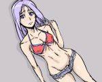  bare_shoulders bb_(baalbuddy) bikini_top breasts casual choujuushin_gravion dutch_angle gravion leele long_hair lowleg lowleg_pants lowrise midriff mound_of_venus no_panties pants purple_eyes purple_hair short_shorts shorts simple_background skinny slender_waist solo under_boob underboob violet_eyes 