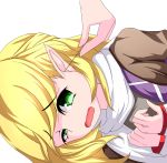  absurdres blonde_hair bust cleaning_ears green_eyes hands_on_own_chest highres lying merry_(diameri) mimikaki mizuhashi_parsee on_side open_mouth pointy_ears scarf shirt short_hair solo touhou wavy_mouth 