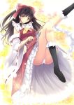  black_hair black_legwear breasts brown_eyes daiaru detached_sleeves hair_ribbon hakurei_reimu japanese_clothes legs long_hair looking_at_viewer miko panties red_ribbon ribbon sideboob solo touhou underwear white_panties 