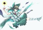  arm_cannon black_hair bow cape gloves green_eyes hair_bow long_hair mismatched_footwear radiation_symbol reiuji_utsuho simple_background solo tai0201 third_eye touhou weapon wings 