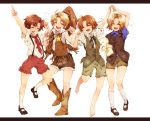  ahoge america_(hetalia) axis_powers_hetalia blonde_hair boots brown_hair canada_(hetalia) child closed_eyes cowboy cowboy_boots cowboy_hat eyes_closed hat kumajirou_(hetalia) male multiple_boys northern_italy_(hetalia) on_(snow77) open_mouth ribbon short_hair shorts siblings smile socks southern_italy_(hetalia) western young 