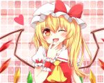  ;d ascot blonde_hair blush flandre_scarlet hat laughing long_hair looking_at_viewer open_mouth red_eyes short_hair side_ponytail smile solo touhou wings wink wrist_cuffs yuria_(kittyluv) 