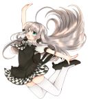  :d ahoge blush checkered checkered_skirt green_eyes haiyore!_nyaruko-san huge_ahoge jumping long_hair norio_kkk nyarlathotep_(nyaruko-san) open_mouth outstretched_arms school_uniform silver_hair skirt smile solo spread_arms thigh-highs thighhighs white_legwear 