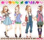  ;) blue_eyes brown_hair cup dated dekoglasses dress eyebrows fashion forehead glasses hair_ornament hairband hairclip hands_in_pockets headband holding multiple_girls multiple_persona original pantyhose ponytail sasetsu short_eyebrows shorts smile star straw translation_request wink 