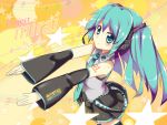  aqua_eyes aqua_hair detached_sleeves hatsune_miku headset long_hair musical_note necktie outstretched_arms skirt solo star thigh-highs thighhighs vocaloid 