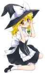  bespectacled blonde_hair bow braid brown_eyes curiosities_of_lotus_asia dress glasses hat hat_bow kirisame_marisa long_hair maru54 mary_janes shoes simple_background sitting solo touhou wariza white_background witch witch_hat 