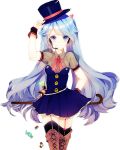  blue_eyes blue_hair boots bowtie cane dress garter_straps grin hachi0 hat hatsune_miku headset highres long_hair looking_at_viewer see-through simple_background smile solo thigh-highs thigh_boots thighhighs top_hat twintails very_long_hair vocaloid white_background wrist_cuffs 