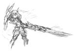  1girl arceonn armor crossover huge_weapon long_hair misaka_mikoto monochrome monster_hunter shield sketch solo sword to_aru_kagaku_no_railgun to_aru_majutsu_no_index weapon zinogre_(armor) 