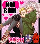  1girl blonde_hair carrying character_name couple dorohedoro earrings glasses hair_tussle heart jewelry knee_pads long_hair mask noi_(dorohedoro) pantyhose princess_carry scar shin shoes smile sneakers stitches title_drop white_hair 
