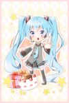  bad_id blue_eyes blue_hair cake chibi detached_sleeves food fruit gift hatsune_miku headset long_hair looking_at_viewer necktie open_mouth sakuragi_ren skirt solo star strawberry thigh-highs thighhighs twintails very_long_hair vocaloid 