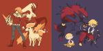  2boys barnaby_brooks_jr blaziken boots crossover highres ivan_karelin jacket midochiki multiple_boys muted_color pokemon pokemon_(creature) ponyta scraggy tiger_&amp;_bunny victini zoroark zoruark 